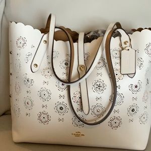 Coach all leather tote bag with floral design and beading